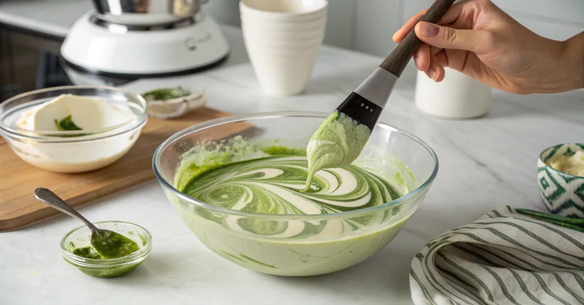 Folding matcha cream into mascarpone mixture for smooth tiramisu preparation