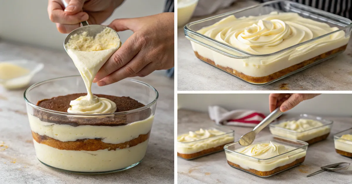 Step by step limoncello tiramisu assembly process
