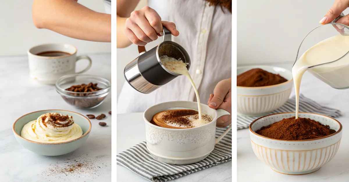 Step by step process of making tiramisu latte showing mixing and steaming techniques