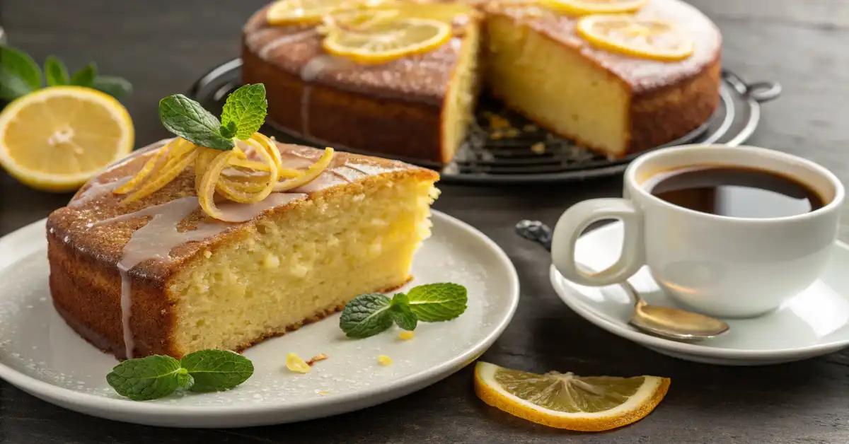 Italian lemon cake slice with mint garnish

