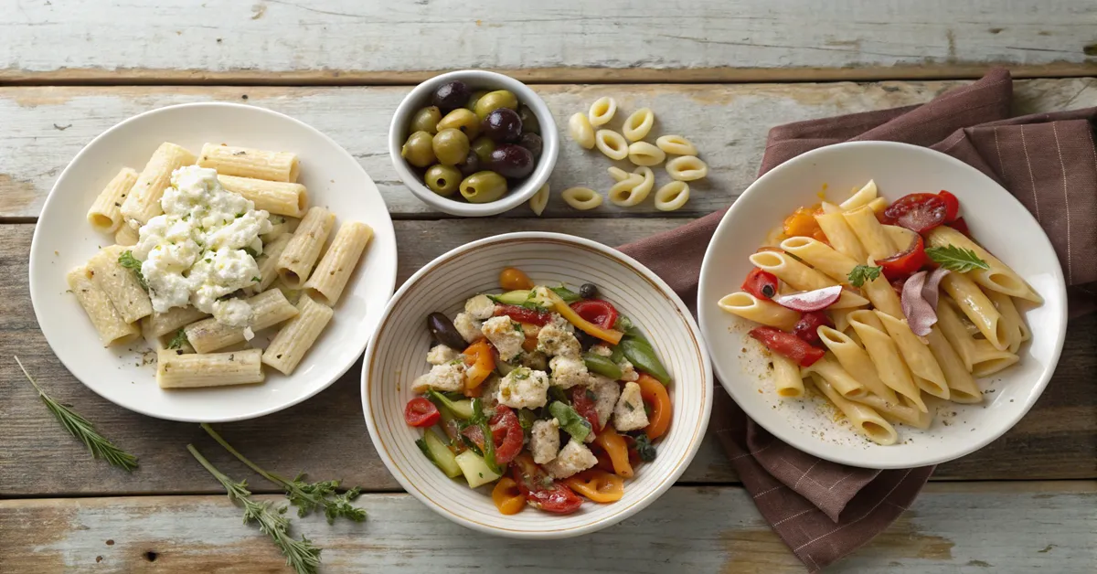 Three creative rigatoni stuffed pasta variations with Mediterranean, veggie, and protein options 