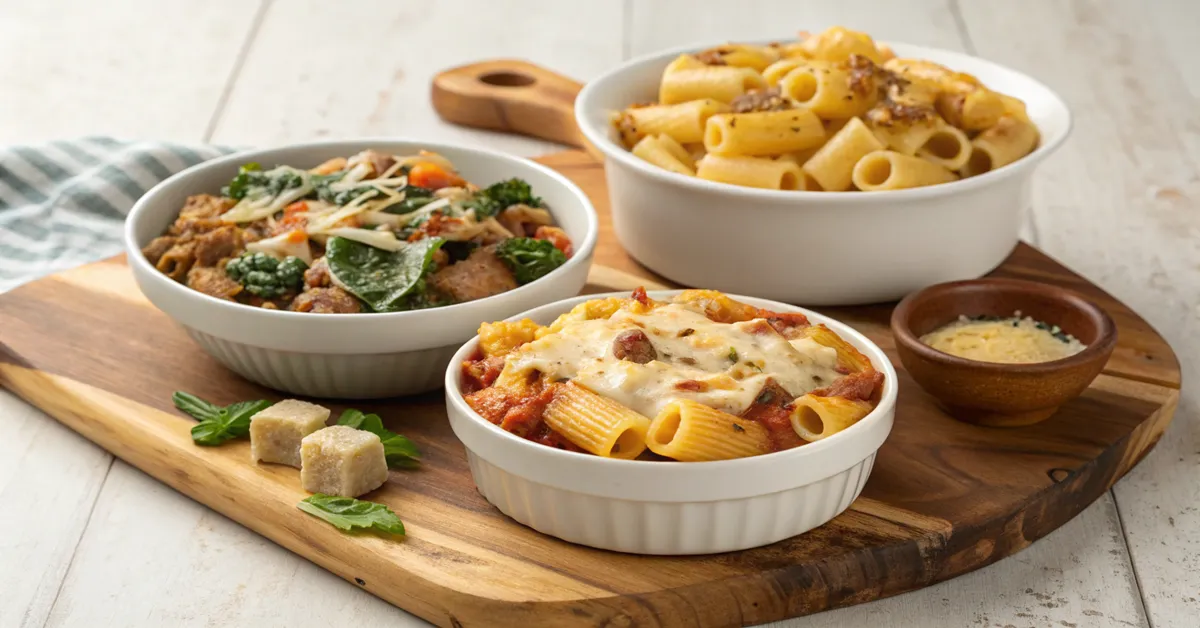Three variations of mezzi rigatoni recipe including baked version