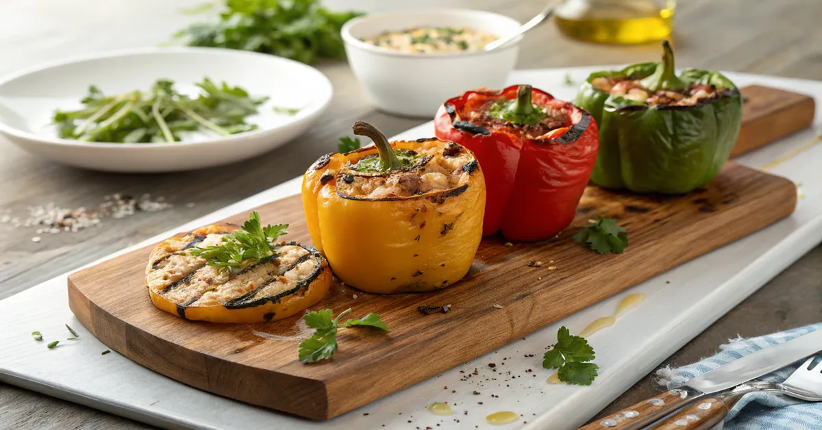 stuffed-peppers-plated-presentation. Plated grilled feta stuffed peppers with herbs and olive oil