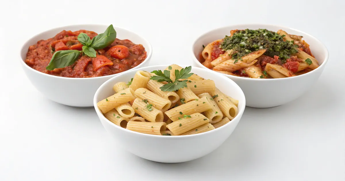 spicy-rigatoni-heat-level-variations Three variations of spicy rigatoni showing different heat levels