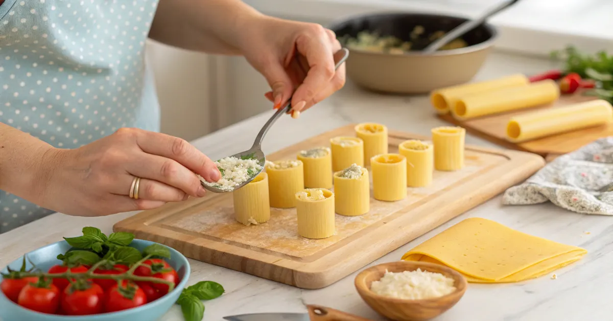 Easy home method for stuffing rigatoni pasta tubes with cheese filling 