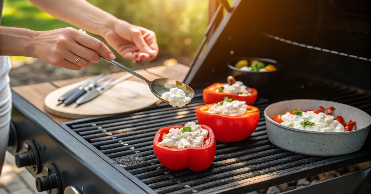 grilled-peppers-stuffing-process Step-by-step process of stuffing peppers with feta mixture