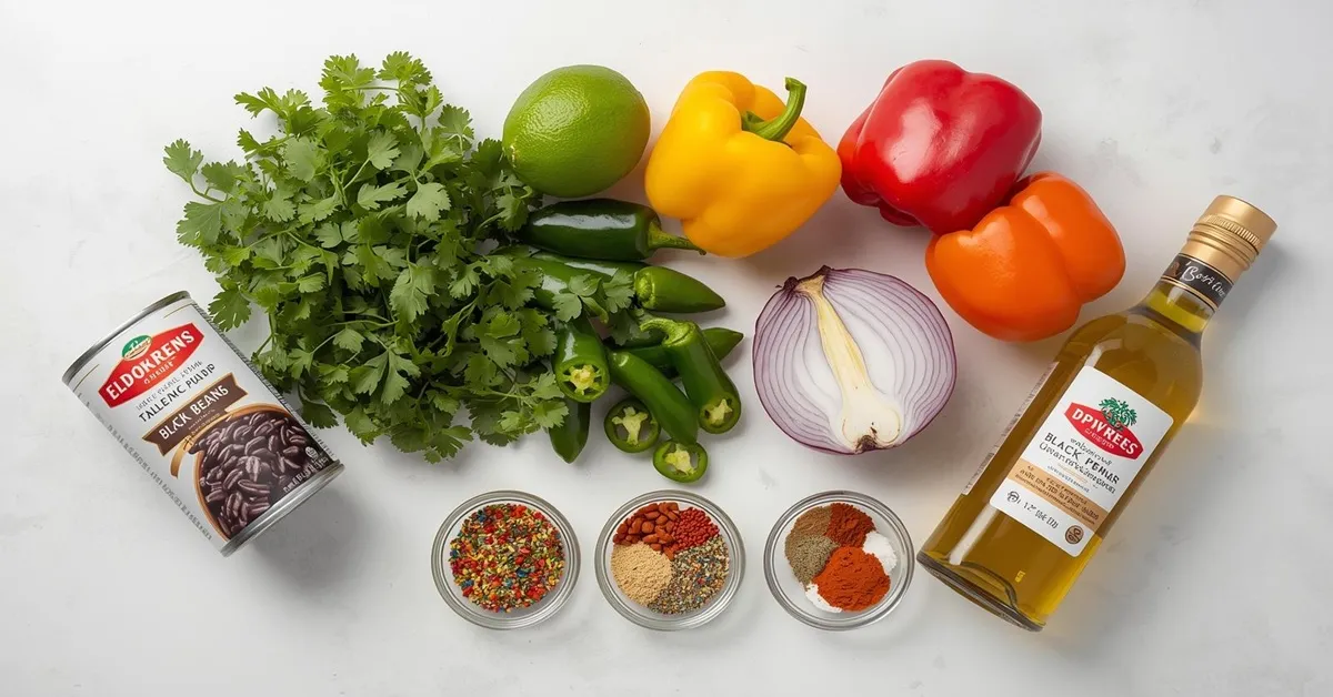 Fresh ingredients for easy cowboy caviar recipe on marble counter