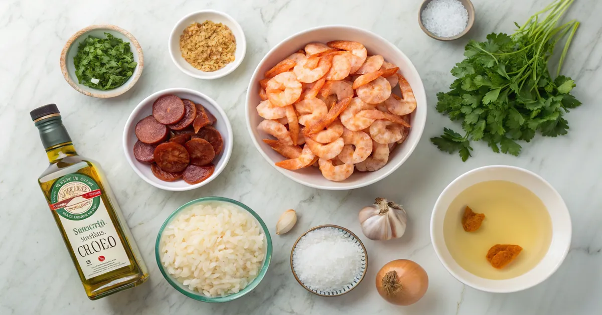 shrimp-chorizo-ingredients-flatlay Fresh ingredients for shrimp and chorizo recipe laid out on marble counter