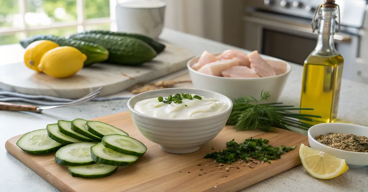  Basic ingredients for chicken and tzatziki laid out on kitchen counter 