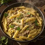 The Ultimate One Pot Creamy Beef and Garlic Butter Pasta Recipe 2 A steaming pot of creamy pasta with ground beef, golden garlic butter sauce coating penne pasta, garnished with fresh parsley and grated Parmesan cheese, shot from above on a rustic wooden table with warm kitchen lighting