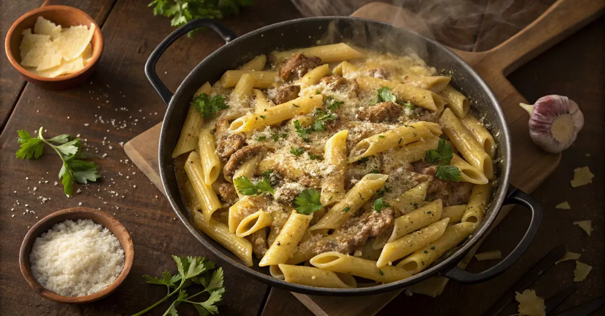 One pot creamy beef and garlic butter pasta in a large cooking pot