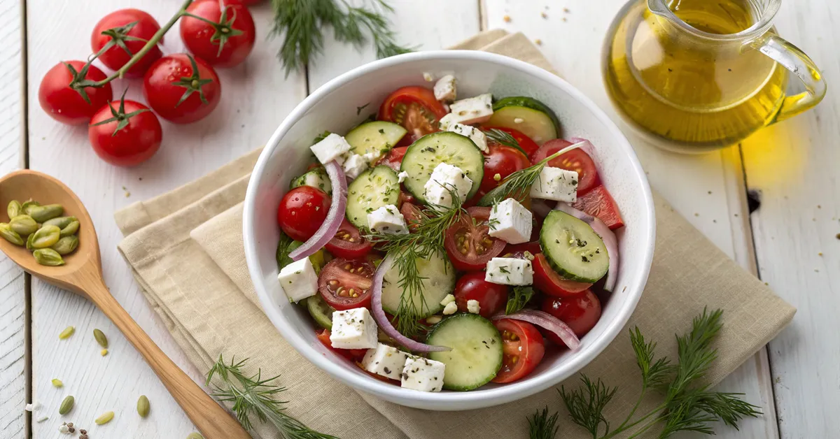 Fresh tomato cucumber feta salad with cherry tomatoes, cucumbers, and crumbled feta cheese in white bowl