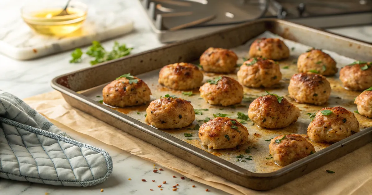 Baked Greek chicken meatballs fresh from oven on sheet pan
