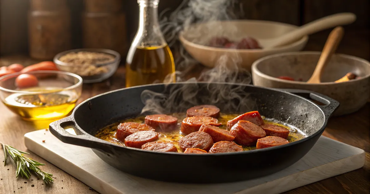 Chorizo cooking and releasing oils in skillet