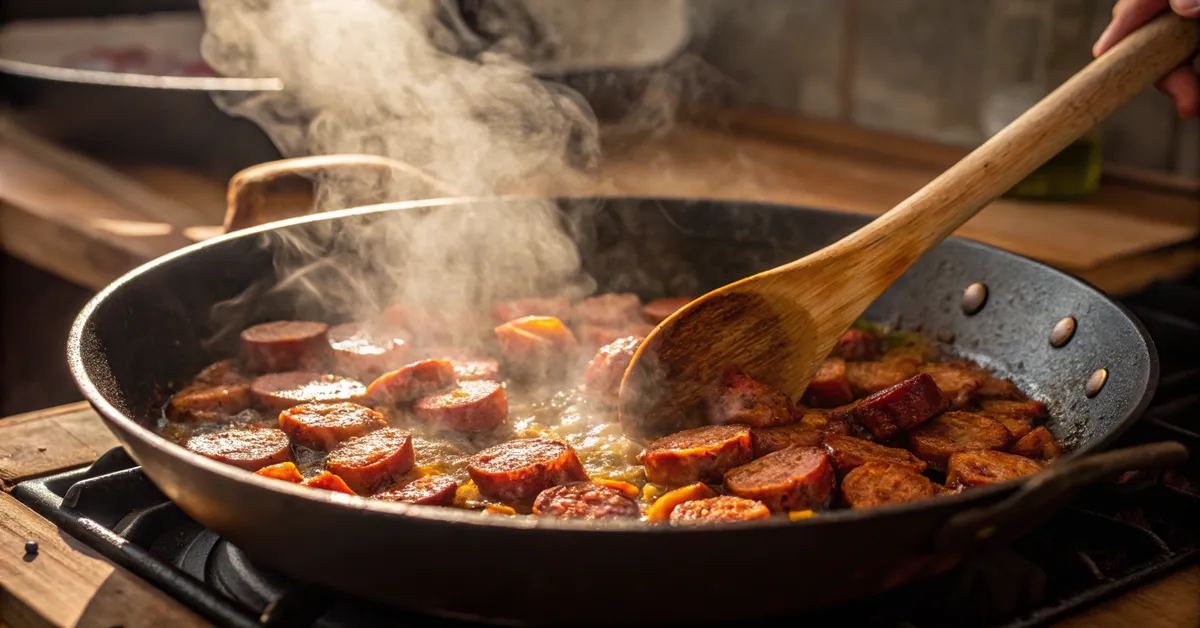 cooking-chorizo-shrimp-recipe-process Chorizo cooking in pan releasing flavorful oils for shrimp and chorizo recipe