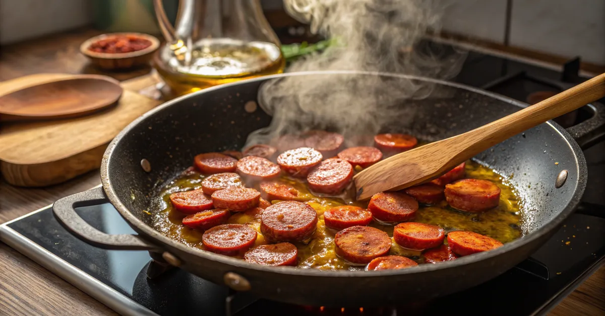 Cooking chorizo for shrimp and chorizo with rice