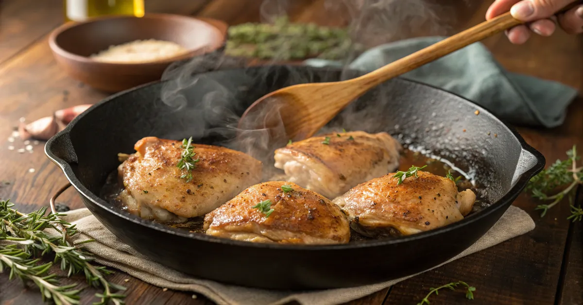 Cooking seasoned chicken thighs for tzatziki chicken salad in cast iron pan