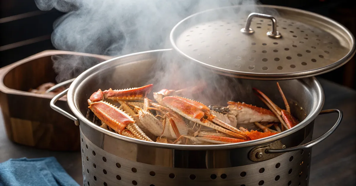 steaming-crab-legs-process Crab legs steaming in large pot with steamer basket showing proper cooking technique