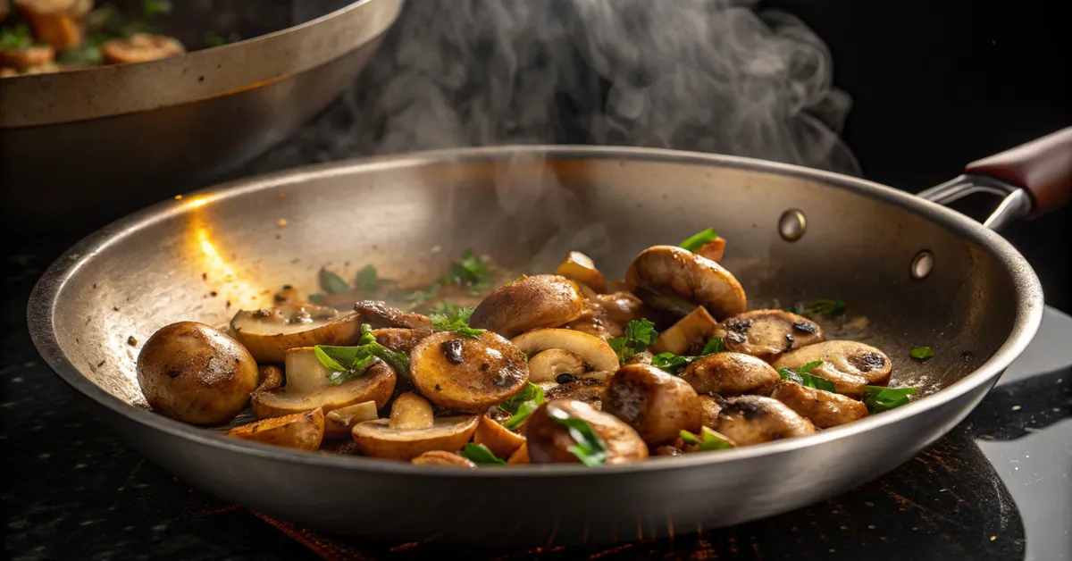 sauteing-mushrooms-process Mushrooms being sautéed for perfect golden-brown color in garlic butter recipe
