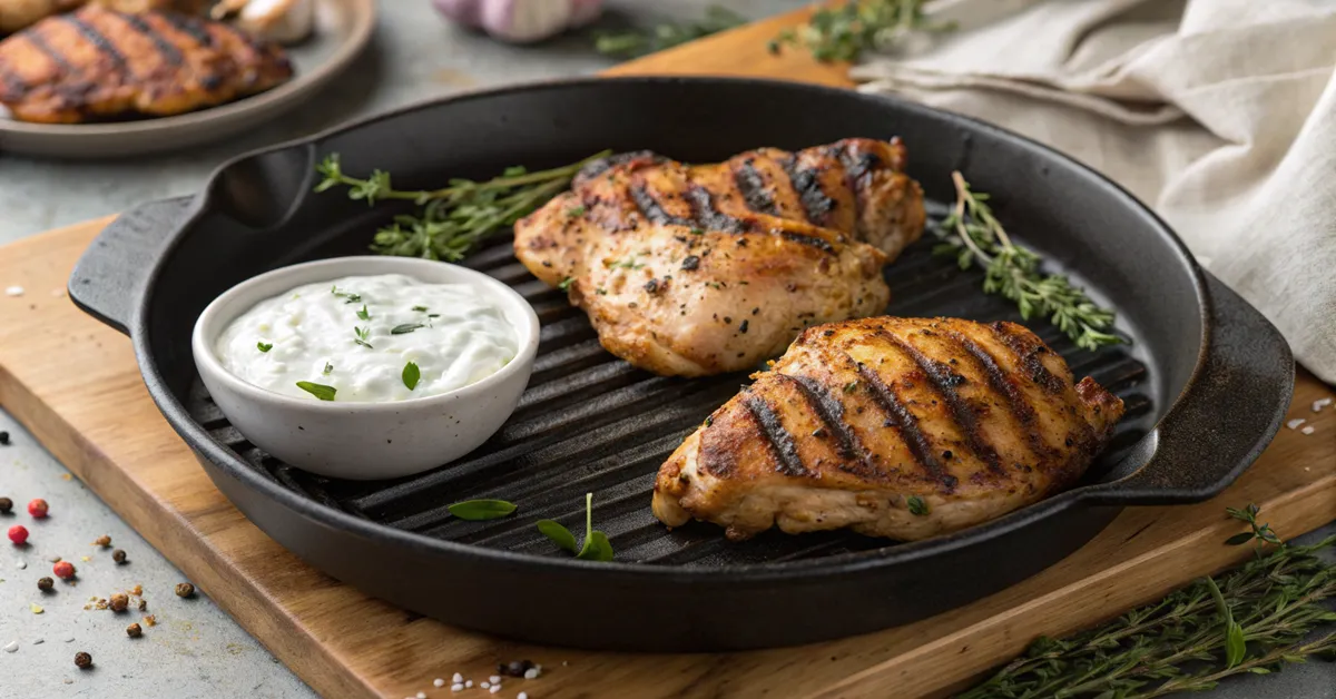 Grilled herb-marinated chicken thighs cooking in cast iron pan with tzatziki sauce 