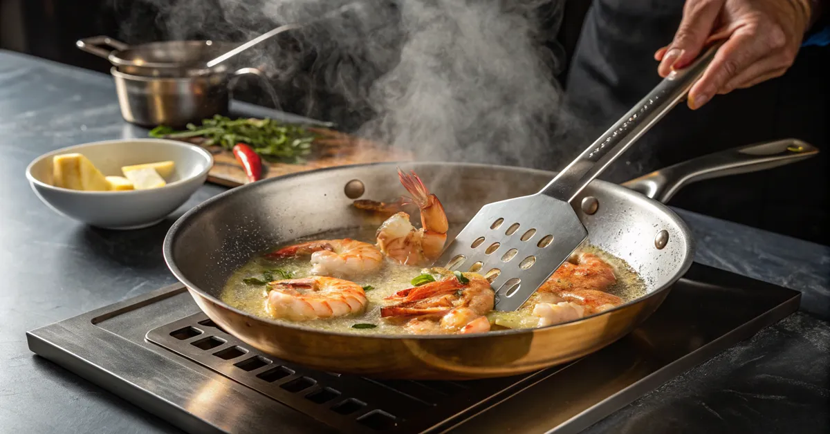 cooking-lemon-garlic-shrimp-process Shrimp being cooked in butter showing proper searing technique
