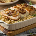 French onion chicken rice casserole with melted cheese and crispy onions