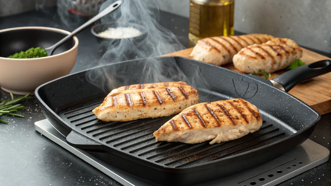 Cooking chicken for tzatziki recipe on home stovetop grill pan