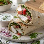 Greek chicken tzatziki wrap cut in half showing layers of chicken, tzatziki sauce and fresh vegetables