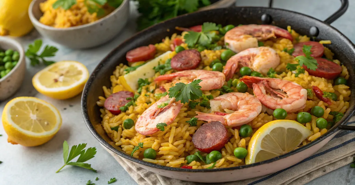Shrimp and chorizo with rice recipe in paella pan