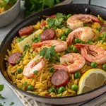 Shrimp and chorizo with rice recipe in paella pan