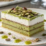 Slice of pistachio tiramisu showing green layers and mascarpone cream