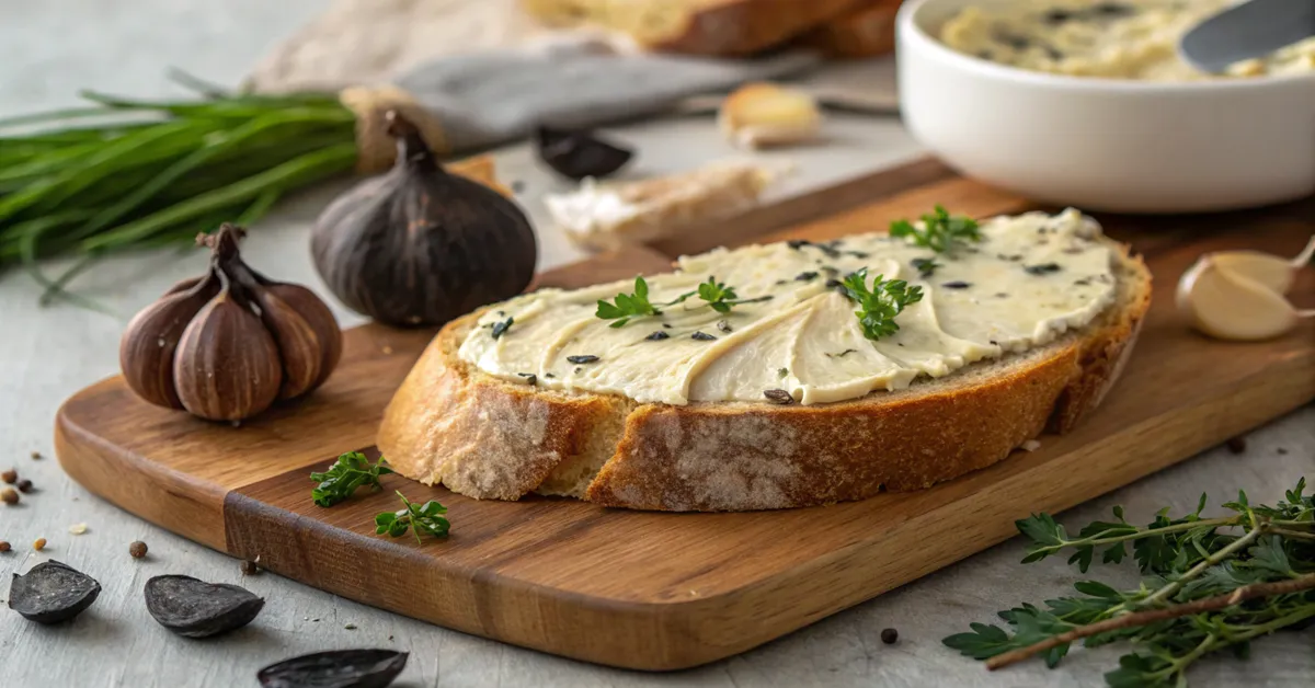 Black garlic butter spread on sourdough bread with black garlic cloves