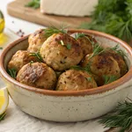 Golden Greek chicken meatballs with fresh herbs and lemon in ceramic bowl