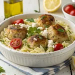 Greek chicken meatballs with lemon orzo in white bowl with feta and herbs