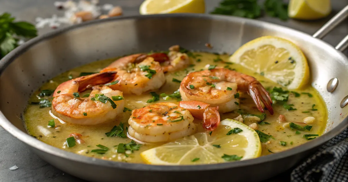 Perfect lemon garlic butter shrimp searing in pan with fresh herbs