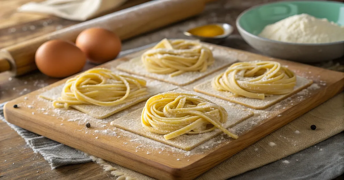 spaghetti-alla-chitarra-fresh-homemade-pasta Fresh homemade spaghetti alla chitarra showing distinctive square pasta shape on wooden cutting board