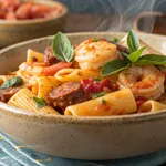 Delicious shrimp and chorizo pasta with fresh basil garnish