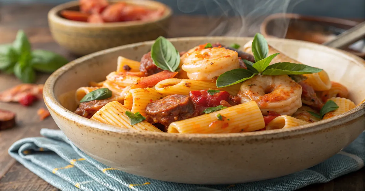 Delicious shrimp and chorizo pasta with fresh basil garnish