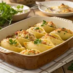 Homemade garlic butter lobster stuffed shells in ceramic baking dish