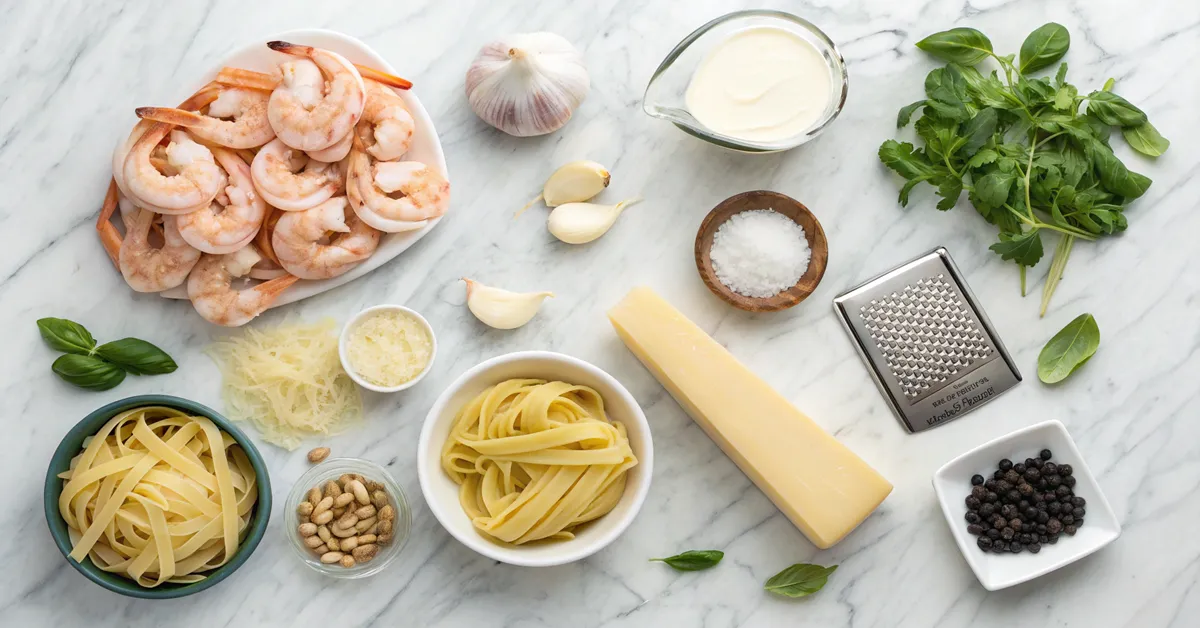 shrimp-alfredo-ingredients-fresh-layout Fresh ingredients for homemade shrimp Alfredo pasta arranged on marble surface