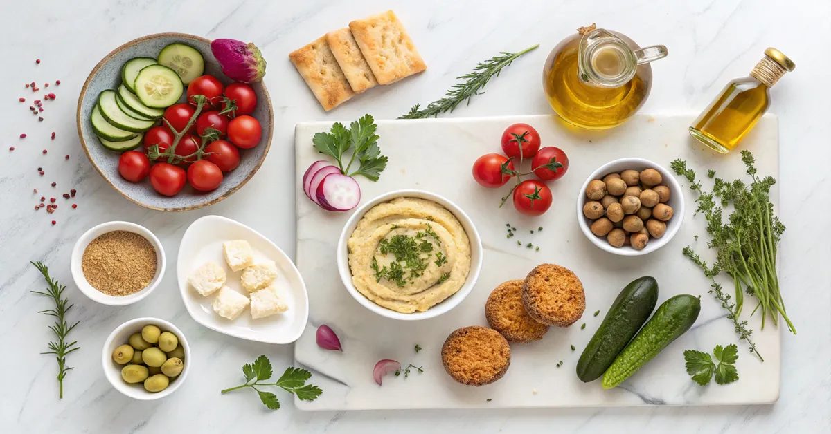 Mediterranean breakfast board ingredients laid out including hummus, falafel, vegetables, and feta cheese