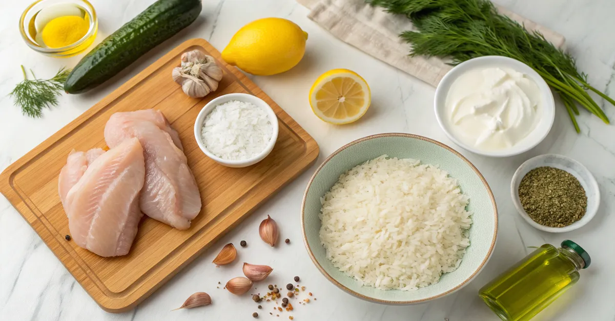 Ingredients for dump and bake chicken tzatziki with rice laid out on marble surface