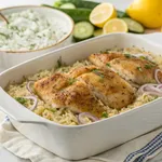 Dump and bake chicken tzatziki with rice in white baking dish with fresh herbs