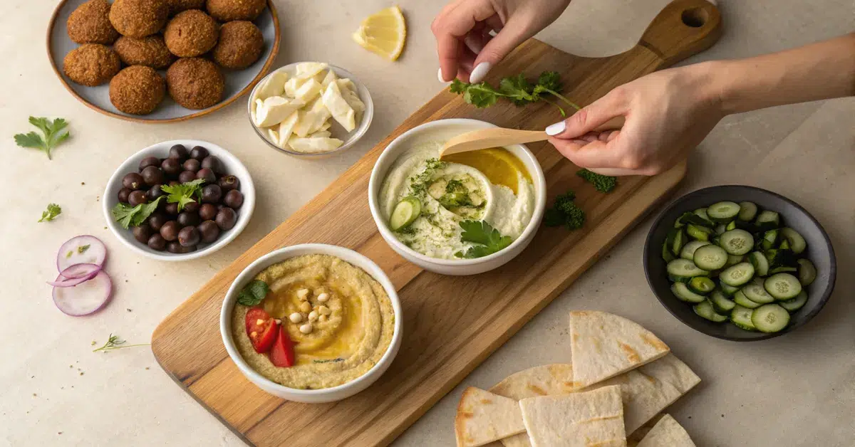 Hands assembling Mediterranean breakfast board showing proper arrangement and styling technique