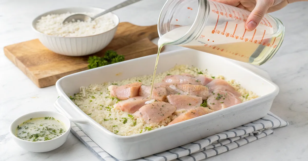 Step-by-step assembly of Dump and Bake Chicken Tzatziki with Rice showing layering process