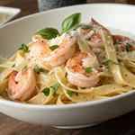 Creamy shrimp Alfredo pasta with fresh basil and Parmesan cheese in white bowl