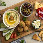 Complete Mediterranean breakfast board with hummus, balafel, fresh vegetables, and feta cheese on wooden board