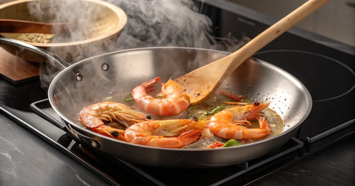 cooking-shrimp-alfredo-pasta-process Fresh shrimp cooking in hot pan for Alfredo pasta recipe