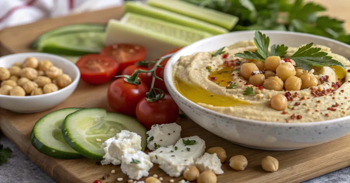 Close-up view of healthy Mediterranean breakfast ingredients including hummus, fresh vegetables, and feta cheese