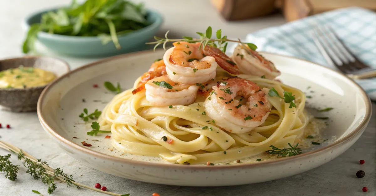 elegant-shrimp-alfredo-pasta-plated Elegantly plated shrimp Alfredo pasta on dark slate with garnish